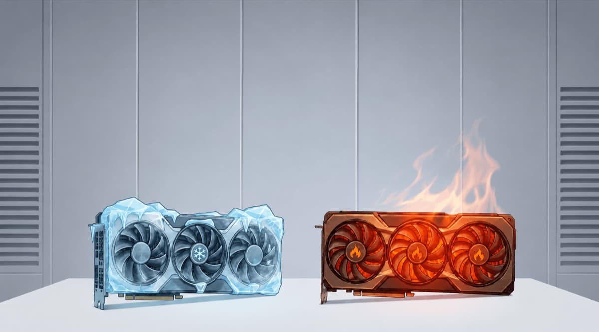 Illustration of one ice-covered GPU beside one glowing, flame-covered GPU.