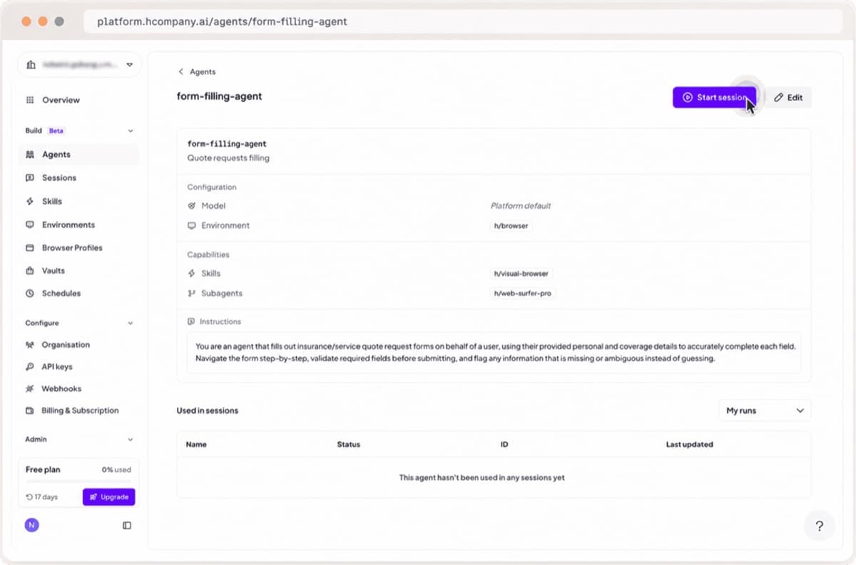H Company platform page for a form-filling agent, showing its model, browser environment, skills, subagent, instructions, and session controls.