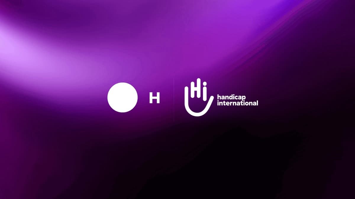 H Company and Handicap International logos on a flowing violet background.