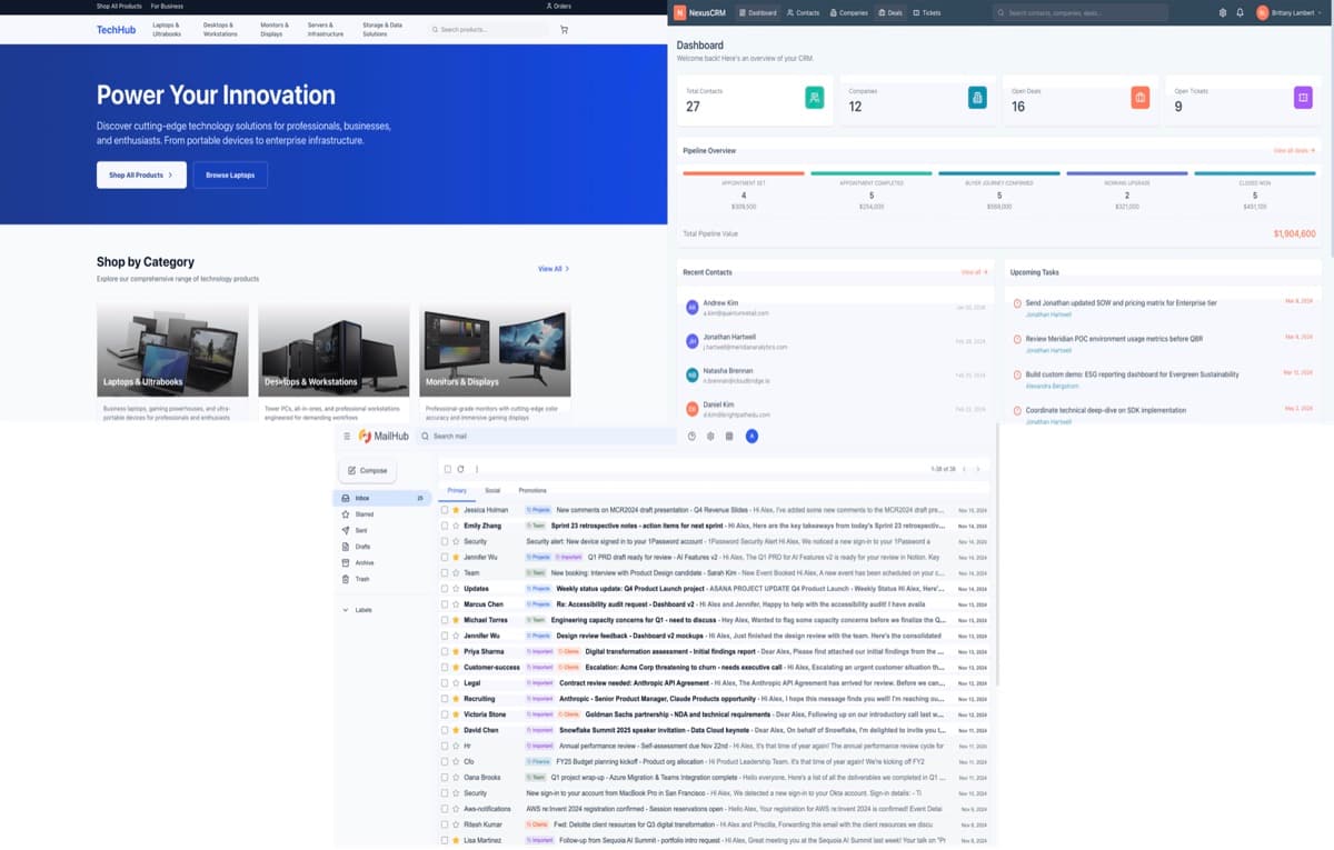 Composite screenshot of synthetic enterprise environments, including a technology storefront, a CRM dashboard, and an email inbox.