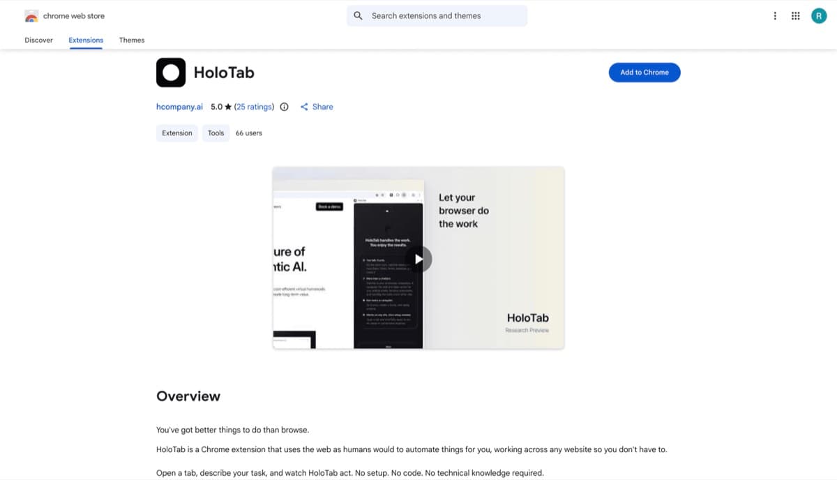 HoloTab extension page in the Chrome Web Store, showing its five-star rating and Add to Chrome button.