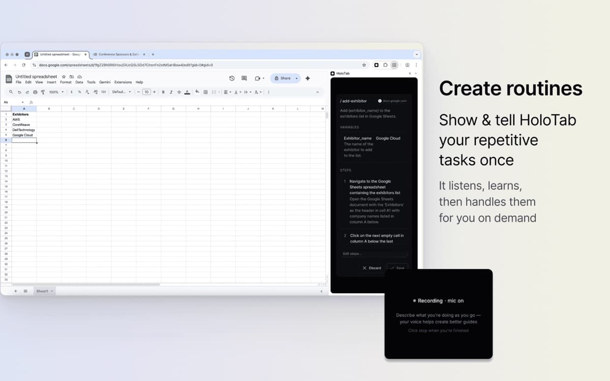Google Sheets beside the HoloTab panel while a routine records spoken instructions for adding an exhibitor to a spreadsheet.