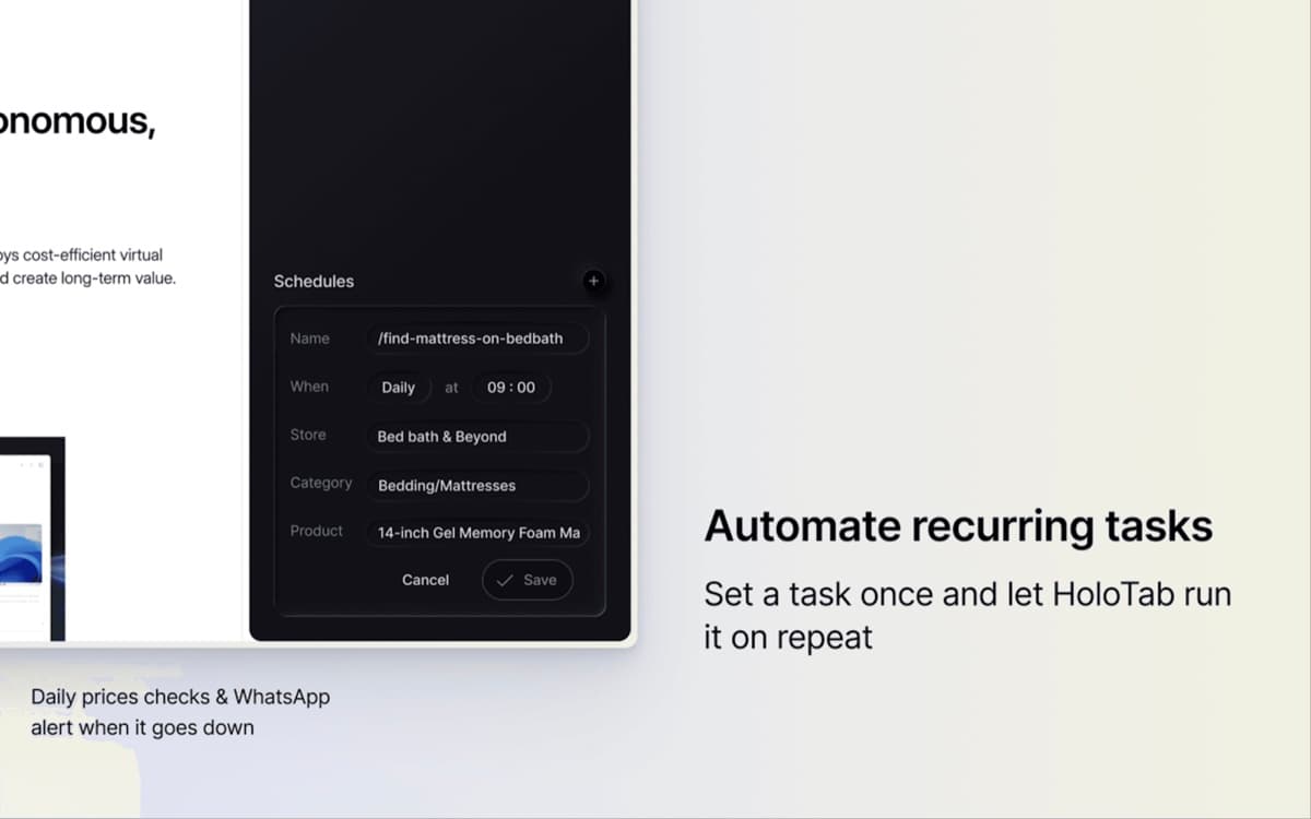 HoloTab schedule form configured to run a daily product price check and send a WhatsApp alert when the price drops.