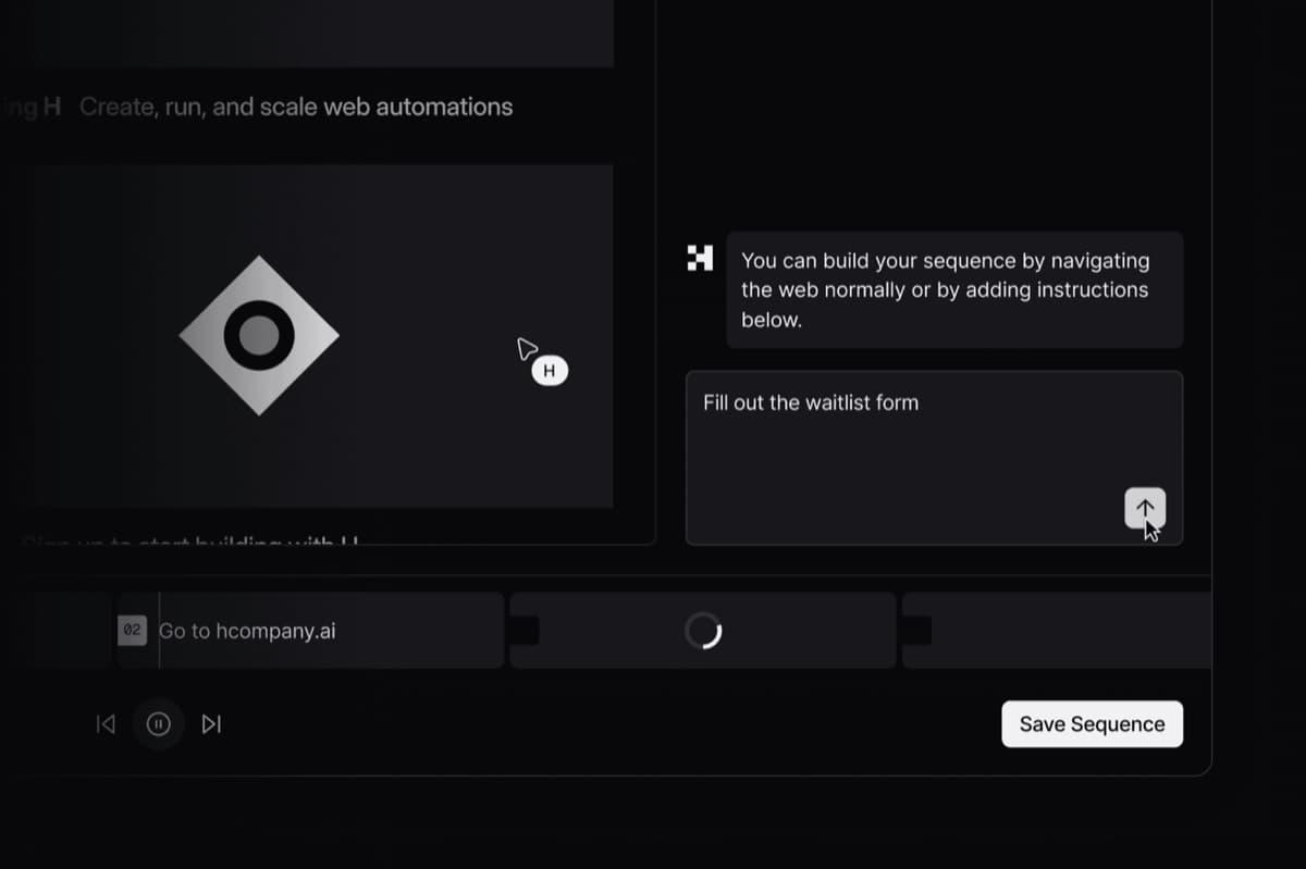 Runner H Studio interface building a web automation sequence with the instruction to fill out a waitlist form.