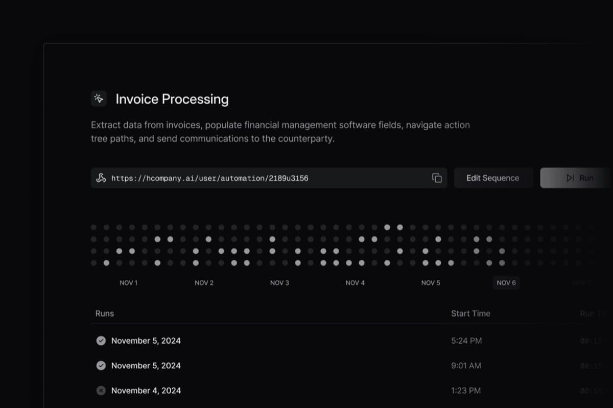 Runner H Studio dashboard for an invoice-processing automation, showing daily runs and their status.