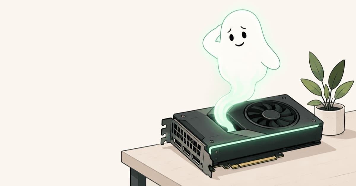 Illustration of a small green ghost emerging from a graphics card on a desk.