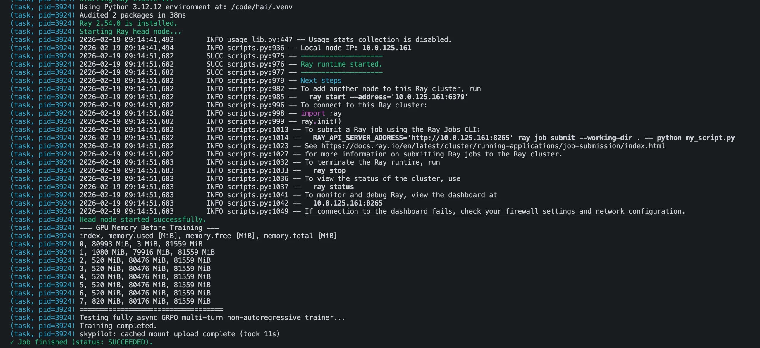 Ray bootstrap terminal log showing GPU 0 using 80,993 MiB before training while the remaining H100 GPUs retain between 520 MiB and 1,080 MiB.