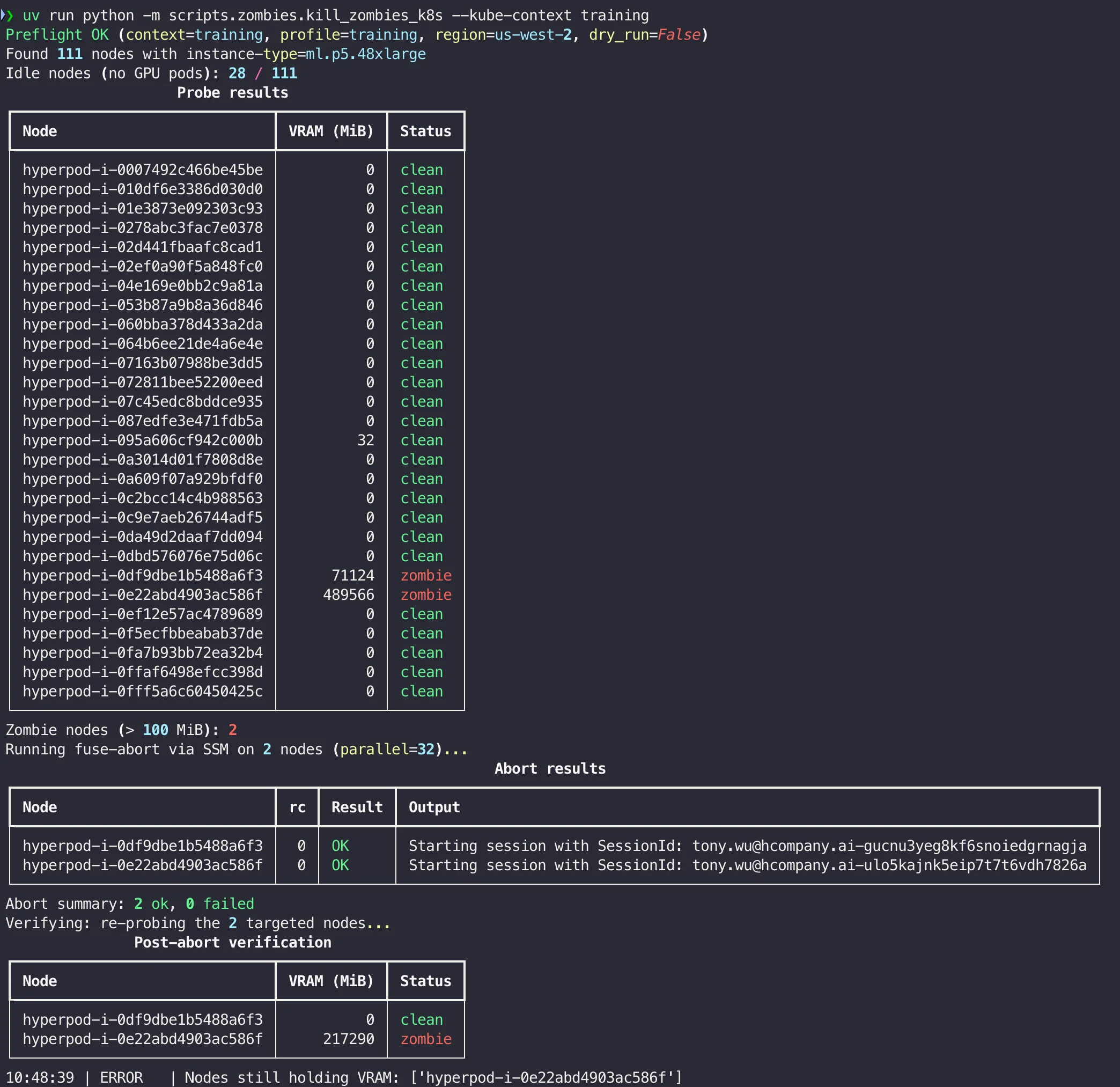 Terminal output from the kill_zombies_k8s script finding two zombie GPU nodes, aborting their FUSE connections, and showing one node still holding VRAM.